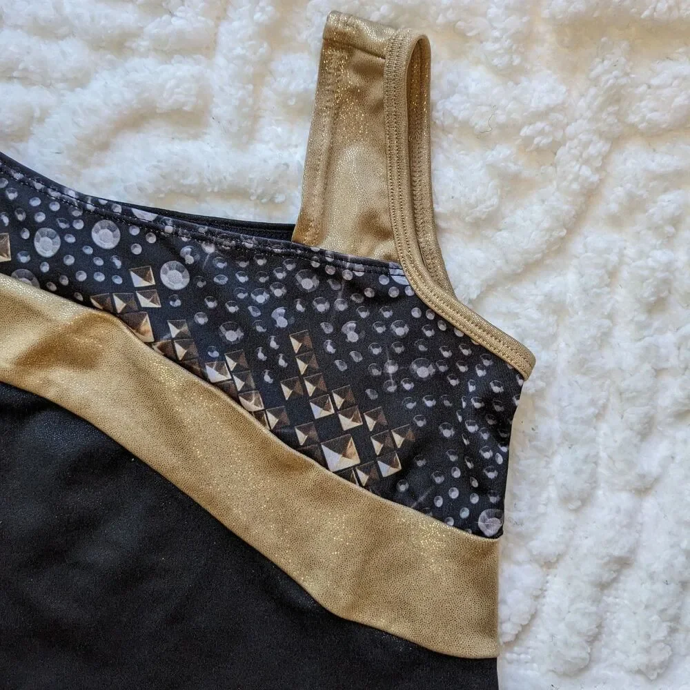 Justice Active Girls Leotard Black Gold Shimmer Gymnastics Dance Cheer Size 7